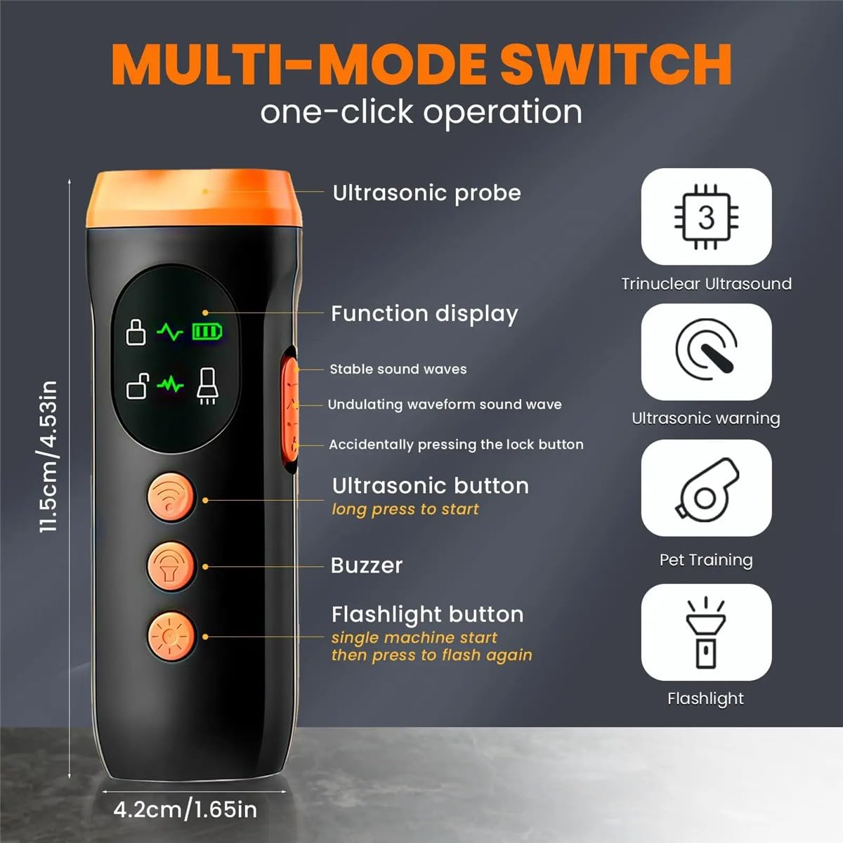 XAUCY Dispositivo deterrente per l'abbaio di cani a ultrasuoni con funzioni display anti abbaio dispositivo di addestramento Triple Corer Repeller per cani con Flashlig (arancione)