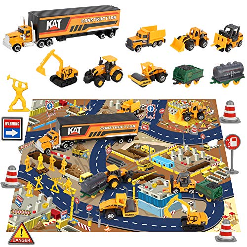 BeebeeRun Construction Vehicles Toys Set with Play Mat,44PCS Alloy Metal Trucks Car Play Set for Kids,Toy Trucks for 2 3 4 Year Old Boys,Gifts Boxed - Thumbnail 5