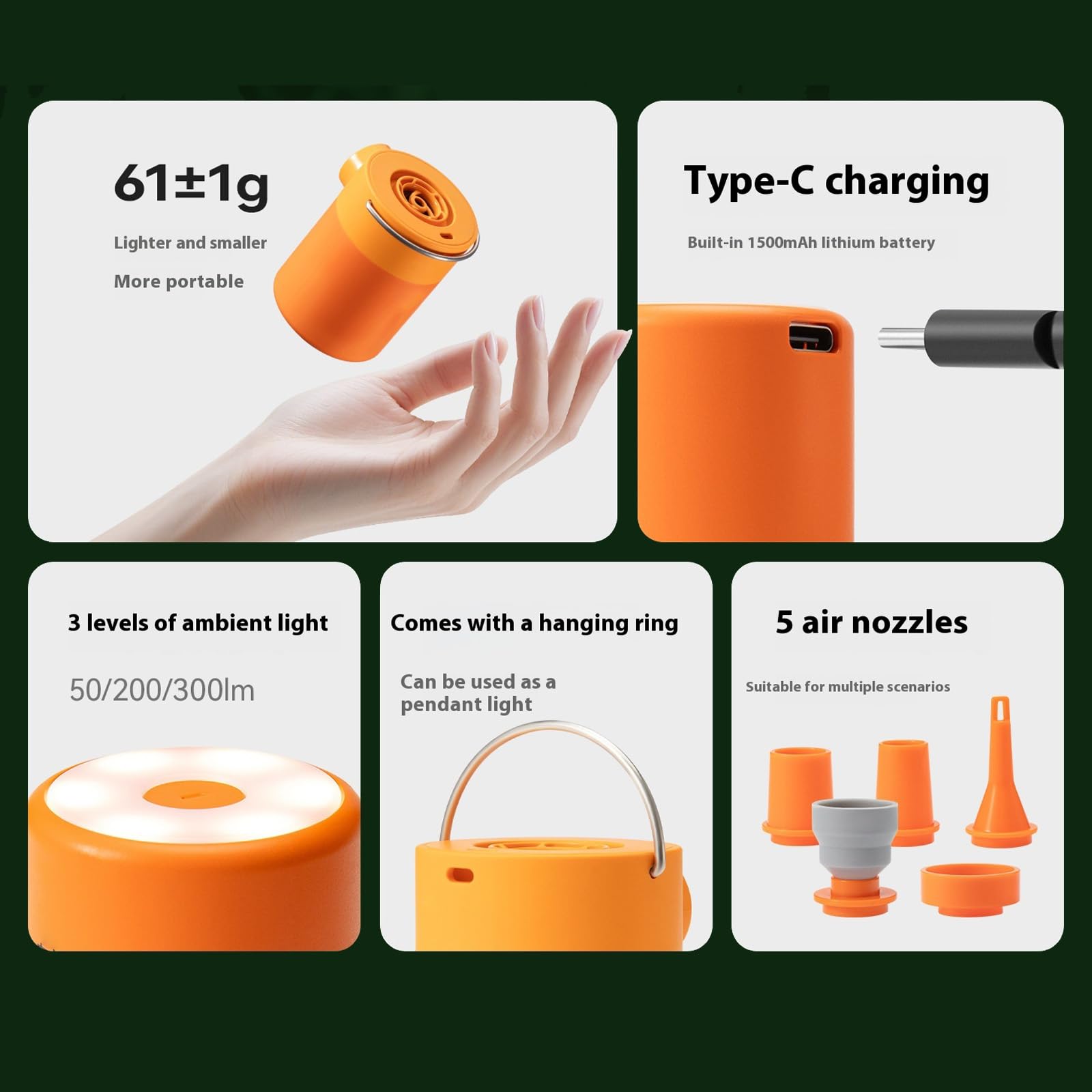 Pompes à air électriques avec lumière de camping et 5 buses de rechange pour matelas de petite taille