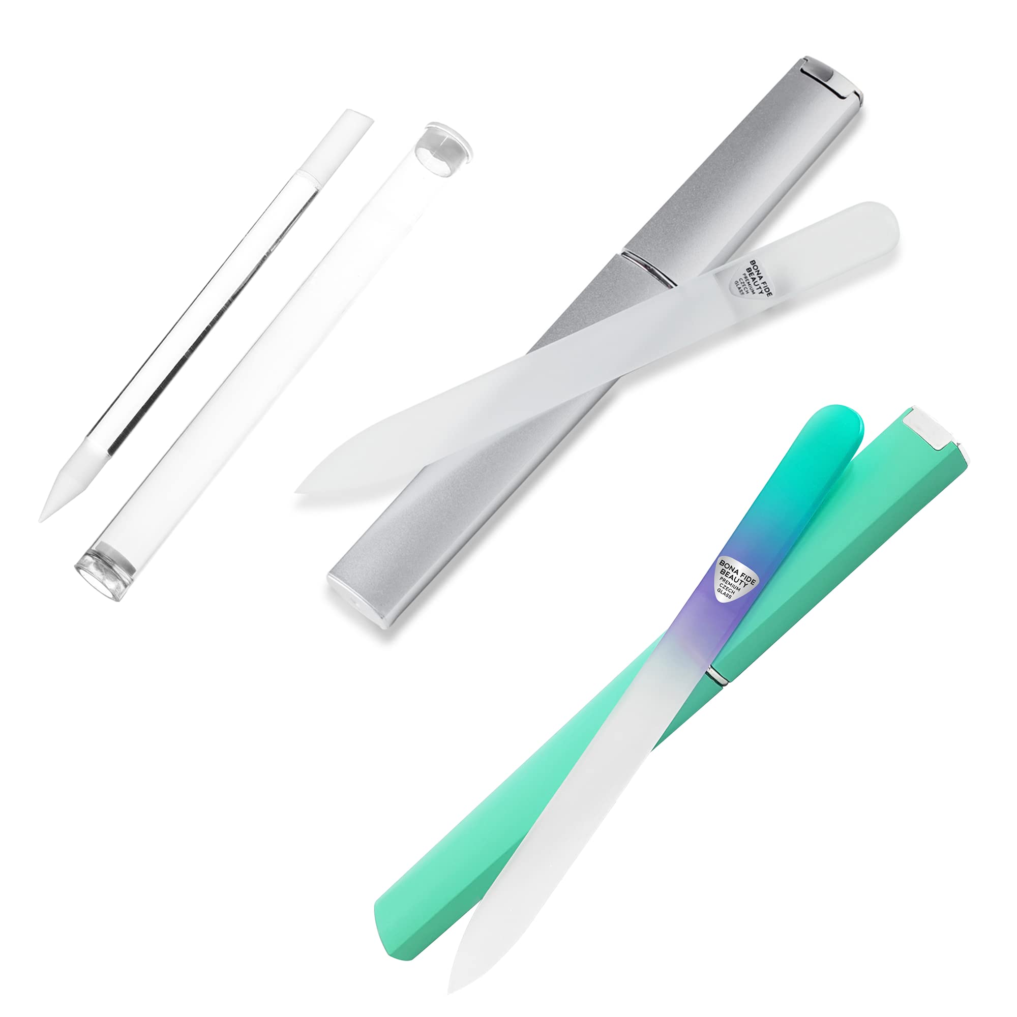 BONA FIDE BEAUTY Glass Nail File (Aqua/Violet), Cuticle Pusher and Glass Nail File (Clear) - Premium Czech Glass Bundle