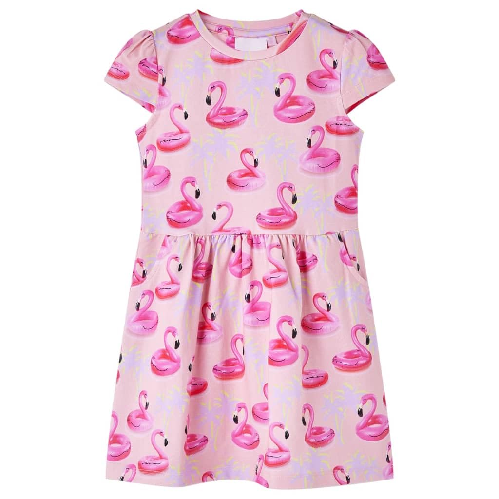 Vestido infantil rosa claro de algodón con flotadores de flamencos y árboles, talla para niña, manga corta, cuello redondo, transpirable, cómodo, lavable a máquina, verano