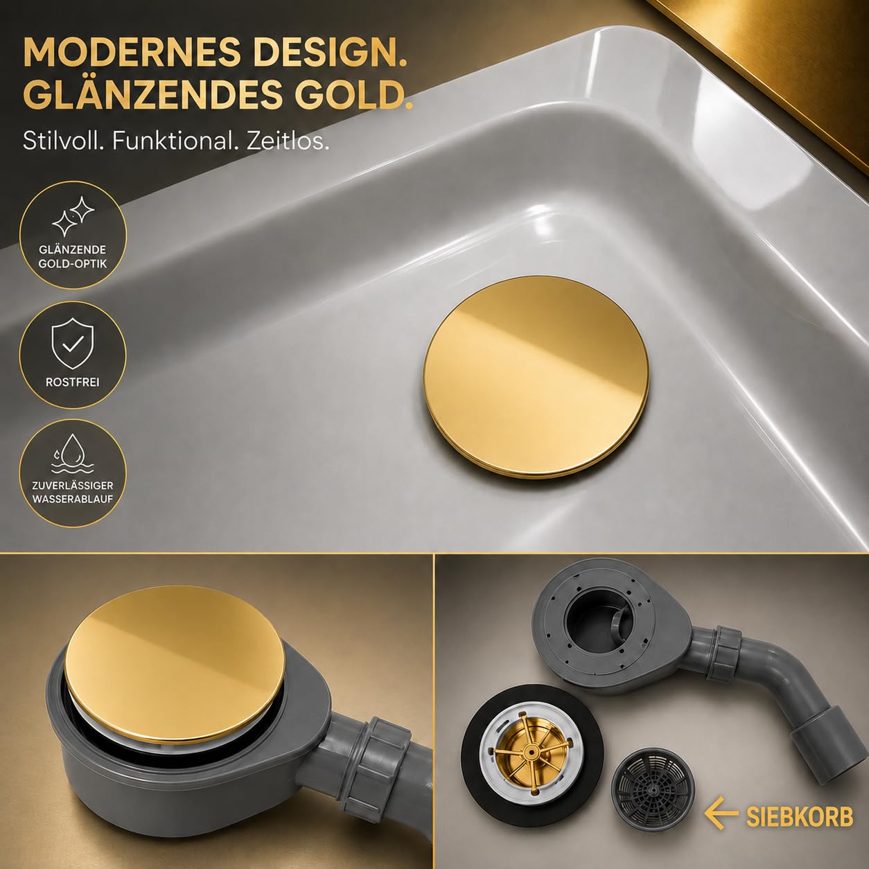 ECOLAM Ablaufgarnitur 90mm Jano für Dusche Duschwanne extra flach 58 mm/Farben (Gold glänzend)