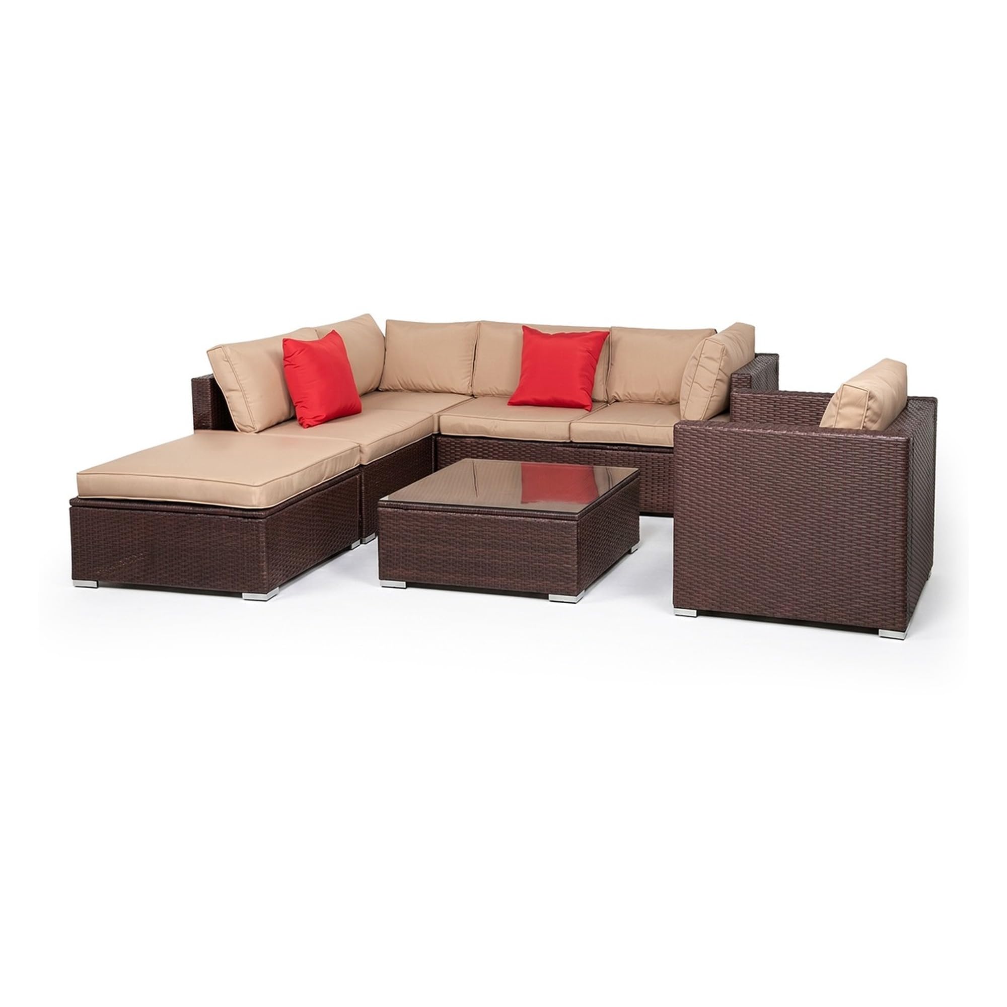 Conjunto de Muebles de Jardín Karl 7 Piezas, Sofá de Exterior Seccional de Ratán Sintético PE, Estructura de Hierro, Cojines de 8 cm y Mesa con Cristal Templado, Marrón
