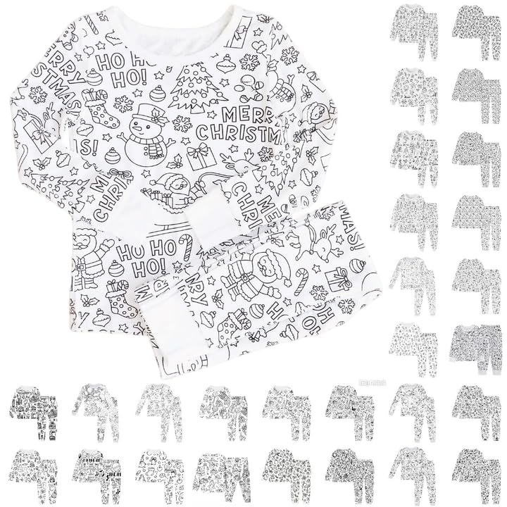 Pyjama à Colorier Noël Pour Enfant - Ensemble 2 Pièces (haut Manches Longues + Pantalon) Blanc, Motifs à Personnaliser - Coton Doux, Lavable