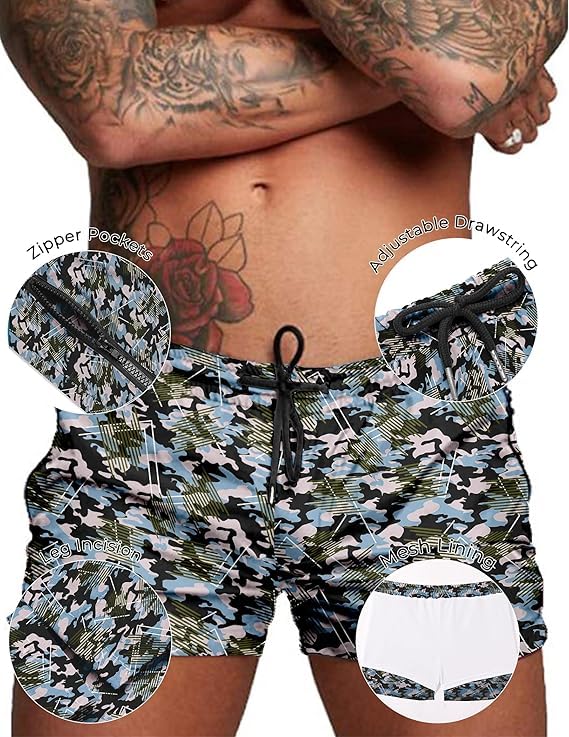 COOFANDY Maillot de bain pour homme - Short de bain - Taille S à XXL, Camouflage bleu gris, Large