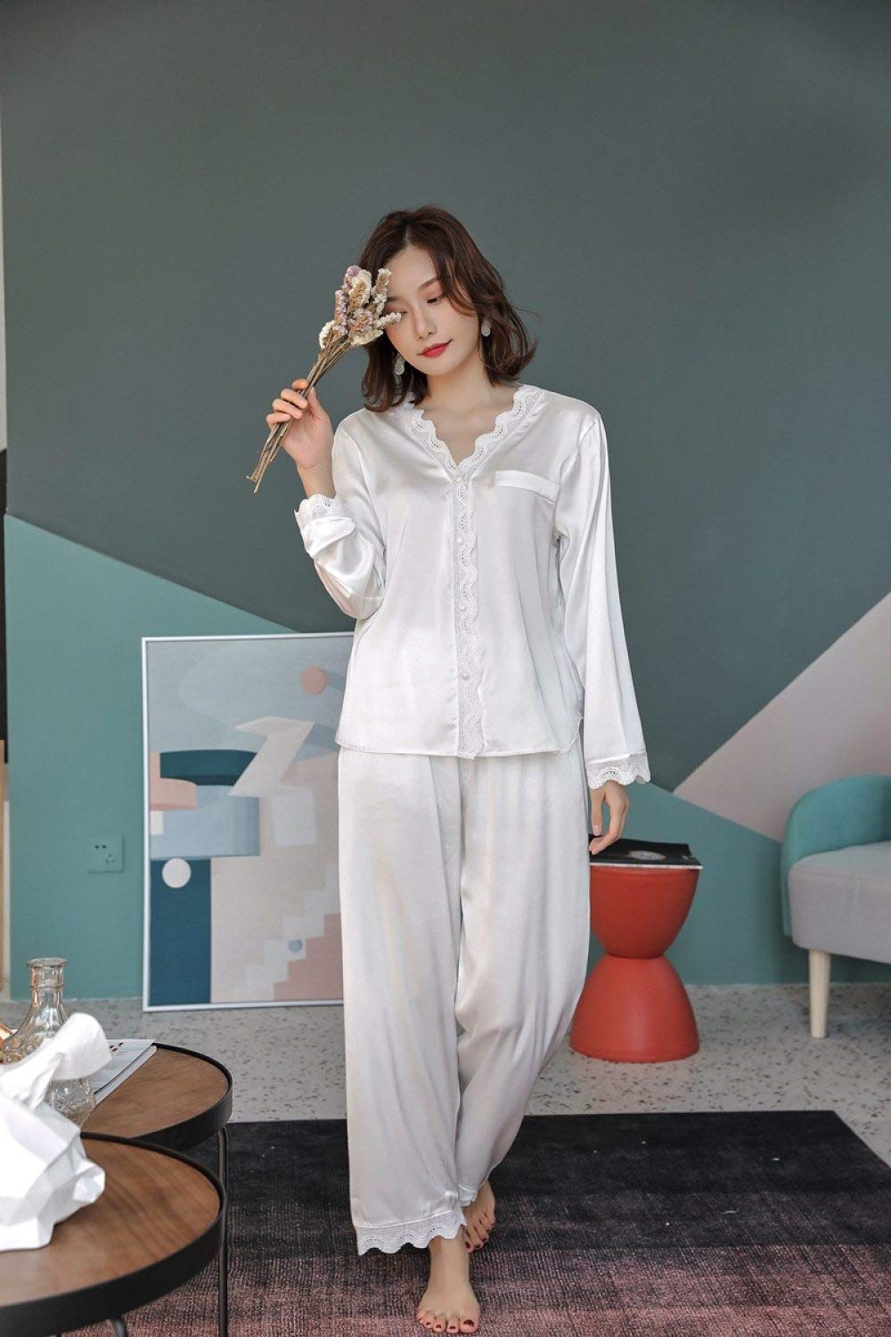 Pijamas De Mujer,Conjunto De Pijama De Seda Elegante De 2 Piezas Con Cuello En V De Satén,Manga Larga,Con Botones, Ropa De Dormir Fina Con Ribete De Encaje,Ropa De Salón De Color Puro Para Damas,Bl