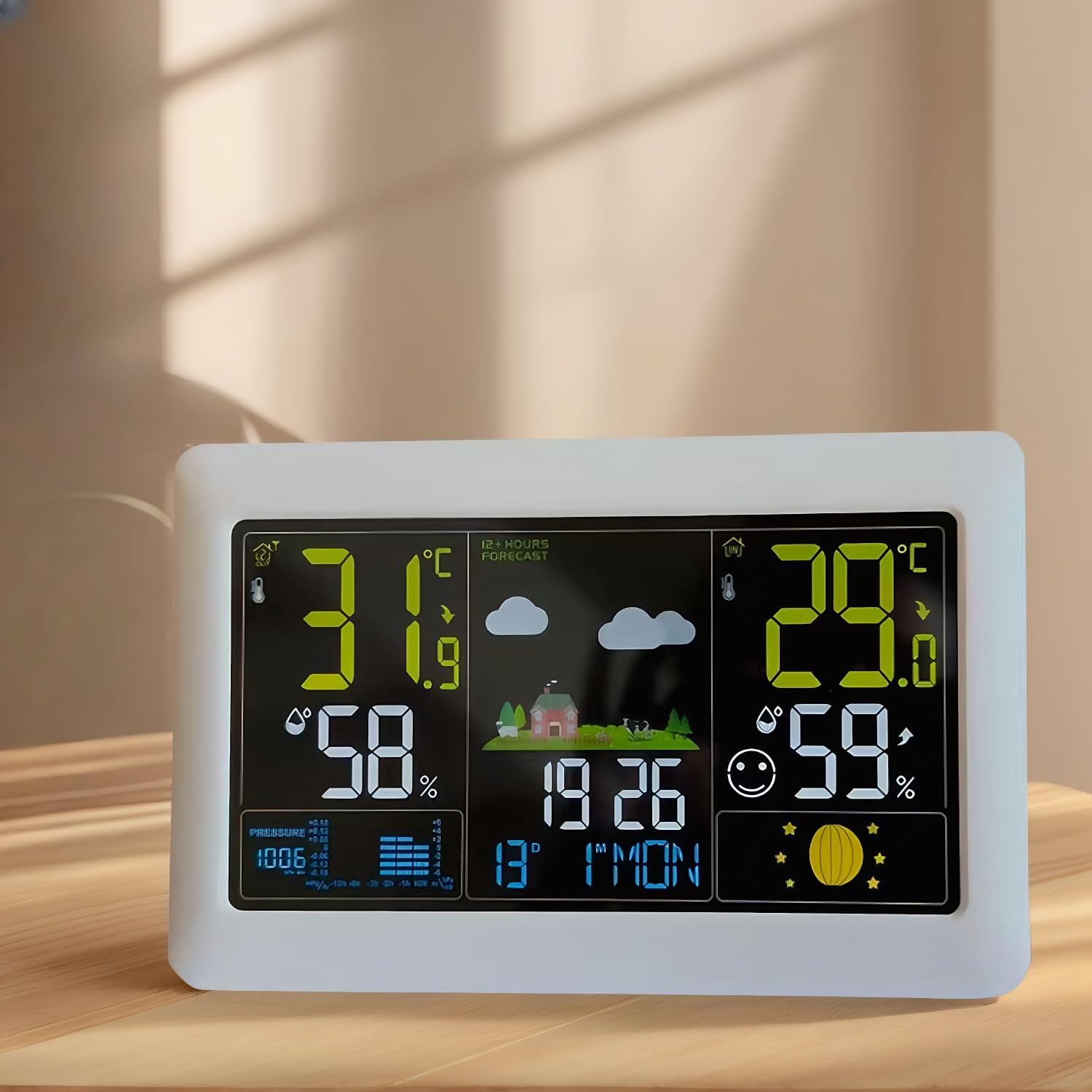 Wetterstation Funk mit Außensensor mit Adapter AA Batterie, Weather Station Digital Funkuhr Innen und Außen Thermometer Hygrometer mit Wettervorhersage, Funkthermometer Atmosphärendruck (weiß)
