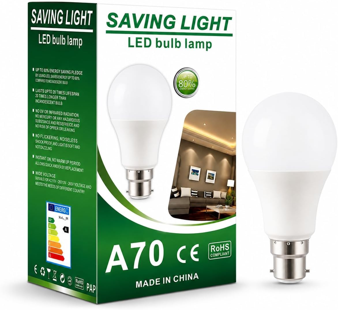 TECHALLDAY B22 A70 LED Light Bulb 15W, Bayonet Cap BC, Cool White 6500K, Non-Dimmable, Energy Efficient LED Lamp, Long Life Light Bulb for Home, Office, Kitchen, Bedroom, Pack of 5