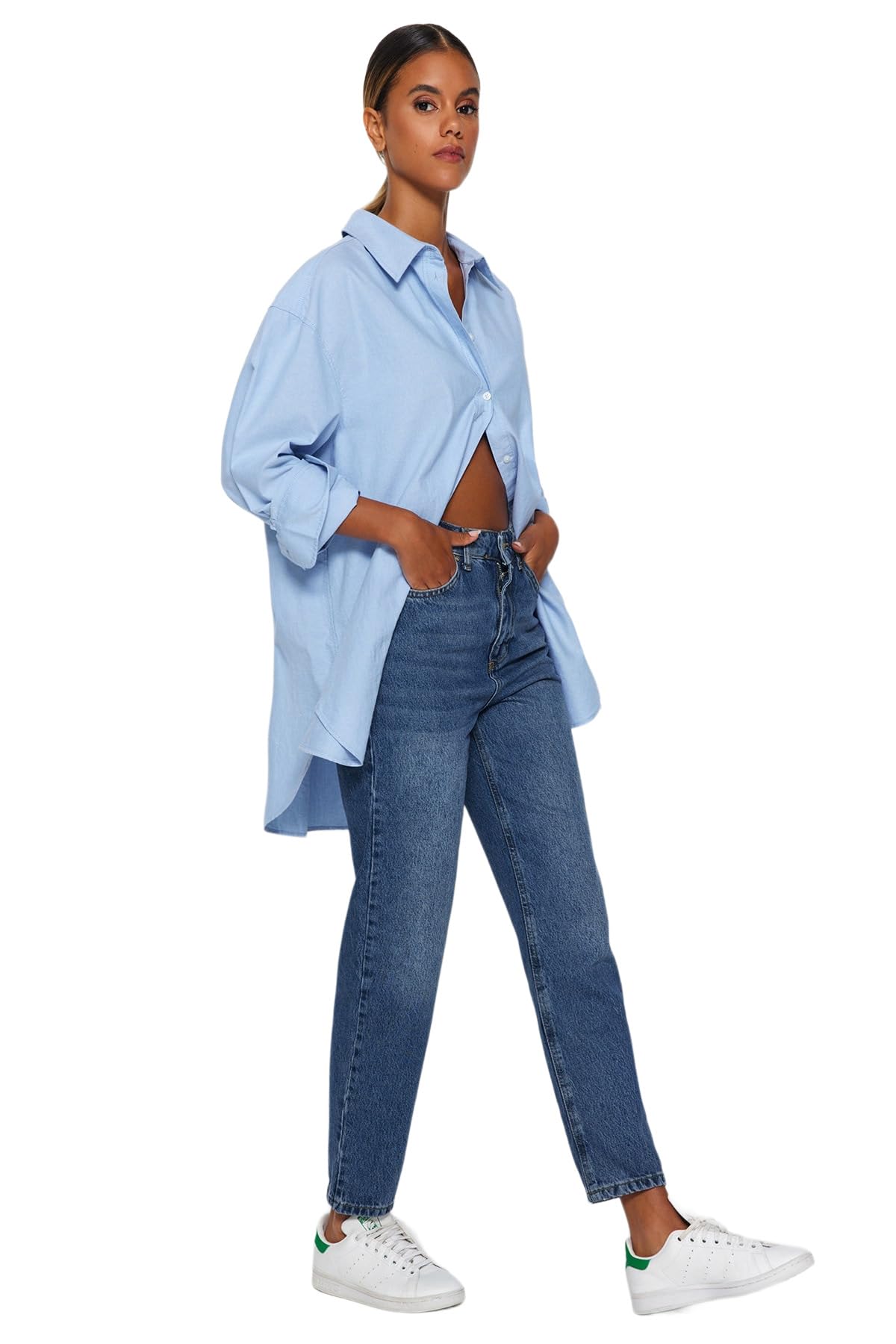 Trendyol - Dark Blue High Waist Mom Jeans Twoaw24je00076, Jeans Donna