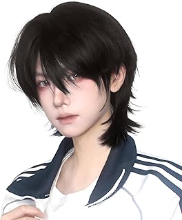 FESHFEN ウィッグ メンズ ウルフ かつら フルウィッグ ショート 黒髪 ウィッグ 短髪 男性 ウルフカット 男装 ハンサム 普段使い ふわふわ ファッション イケメン wig 原宿 自然 男女兼用 耐熱 人気 ネット/櫛付き 黒色 ブラック