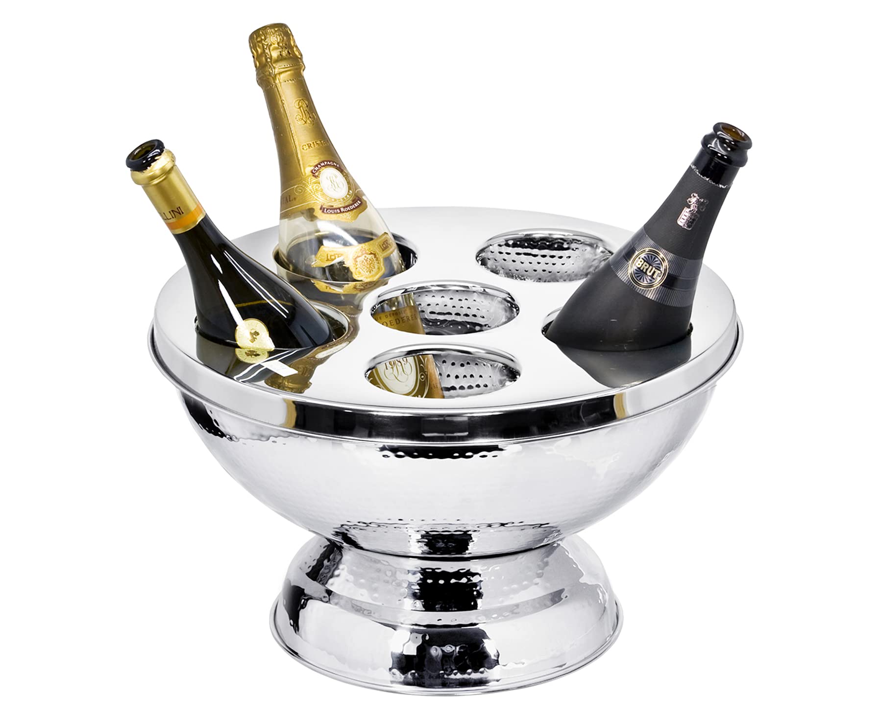 EDZARD Champagnerkühler Rockford (Ø 41 cm, H 25 cm), Edelstahl gehämmert hochglanzpoliert, doppelwandig, mit Deckel, für 6 Flaschen – Sektkühler groß, Flaschenkühler, Schale für Sekt & Eiswürfel
