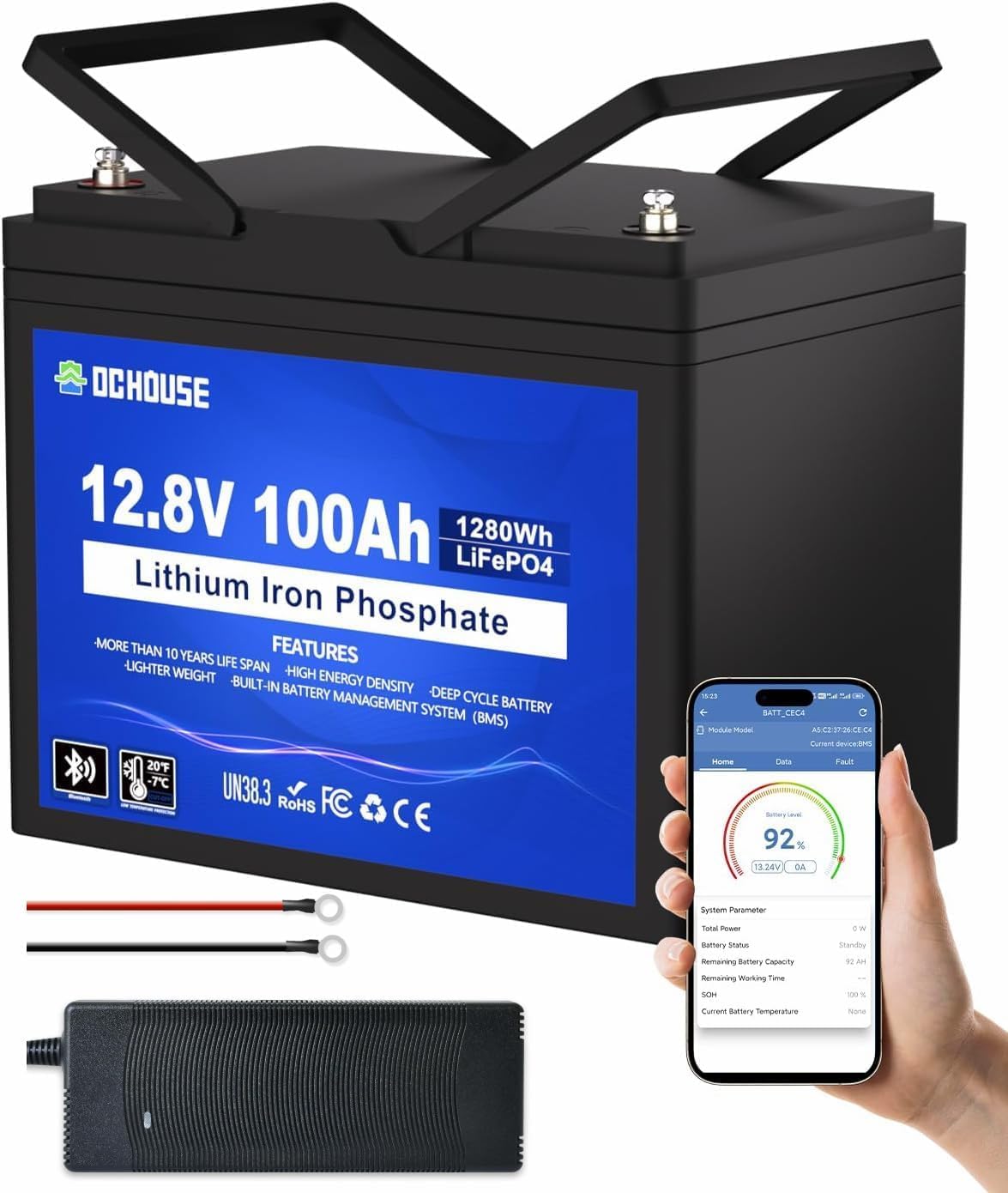 DCHOUSE 12V 100Ah LiFePO4 Batterie mit 10A Batterie Ladegeräte, Verbessertes 100A BMS, Bis zu 15000 Zyklen, 1280Wh Lithium Akku, perfekt für Wohnmobile, Solaranlage, Wohnwagen, Boot, Camping,Off-Grid