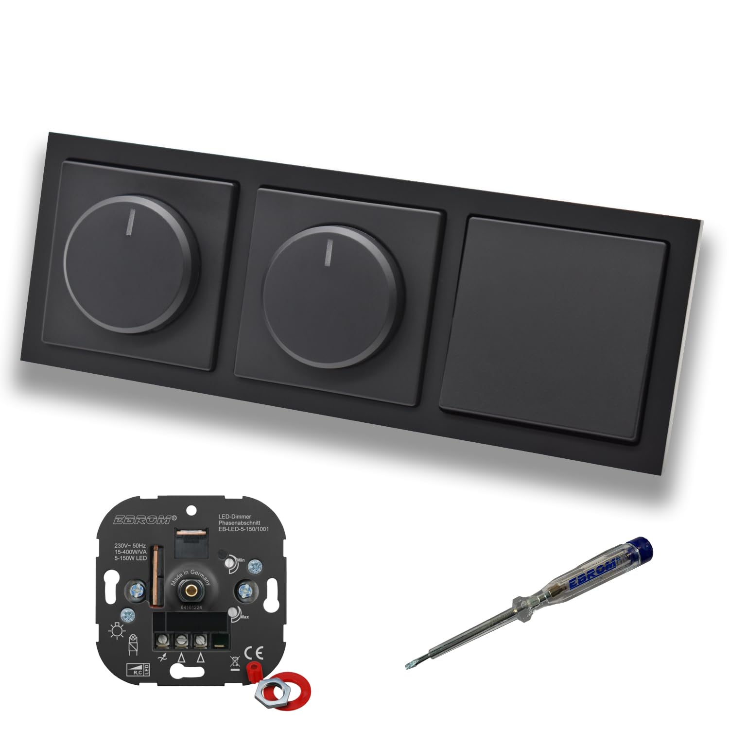 EBROM 1001 - Regulador de intensidad led (2 unidades, incluye discos reguladores Busch Jäger 6540-885-102 y pulsador de luz 2020, color negro mate, incluye comprobador de fase EBROM para montar los