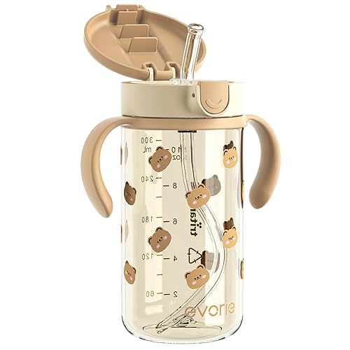 Evorie Tritan - Vaso para sorber con popote a prueba de derrames, 10 onzas para bebés y niños pequeños de 1 a 3 años, botella de agua con pajilla