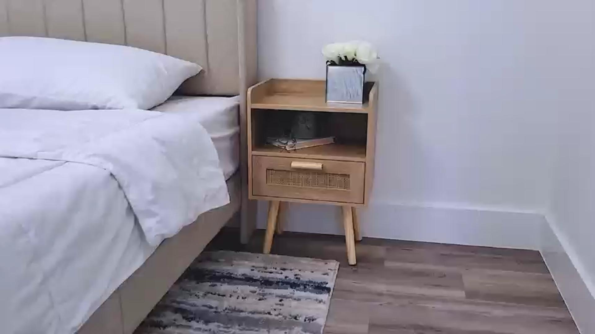 YMYNY Nightstand Set Of 2, End Table, Small Bedside Table, Handmade Rattan Decorated Drawer, Solid Wood Legs, 35×27×53cm, Modern Side Table For Bedroom, Living Room, Black HST010B-2