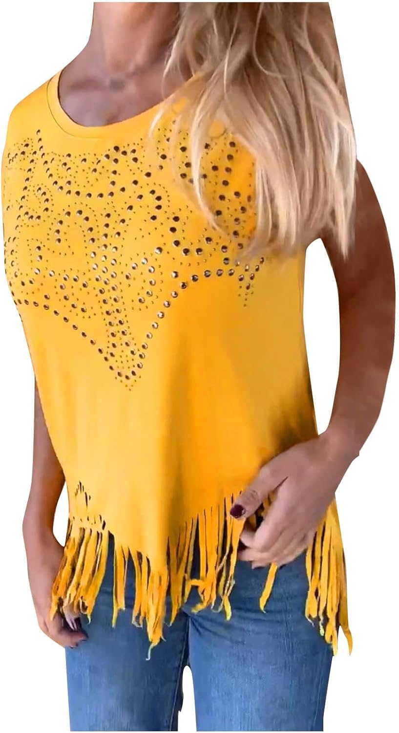 Women's Fringe Rhinestone Shirts Summer Short Sleeve Crew Neck Irregular Tassel Hem Tops Vintage Casual Tunic Blouse