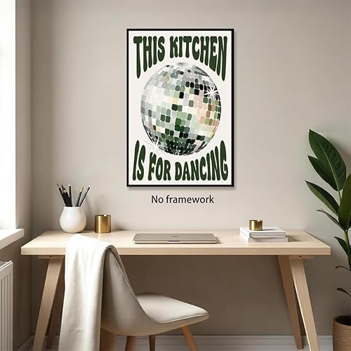 Miniatura 6 de Arte de pared retro de disco moderno con frase en inglés "This Kitchen Is For Dancing", póster de bola de espejo Groovy, pintura verde, impresión