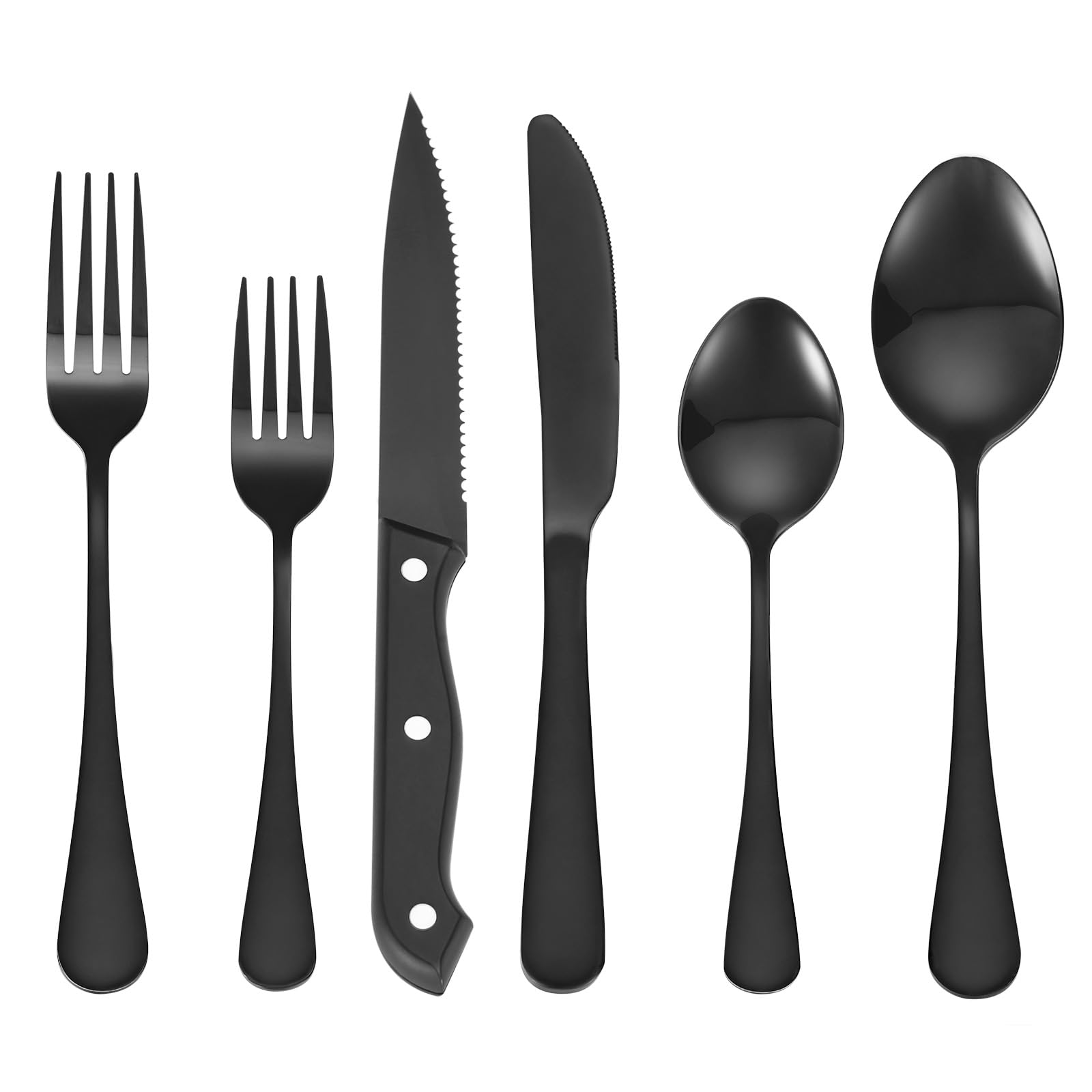 VEVOR Juego de Cubiertos Negros de 48 Piezas con Cuchillos para Carne, Acero Inoxidable de Grado Alimenticio para 8 Personas, con Acabado de Espejo, Vajilla Apta para Lavavajillas para la Cocina