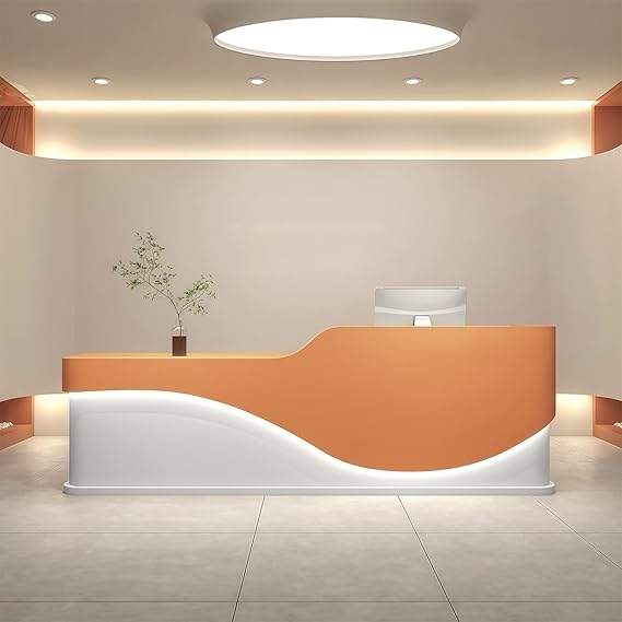 L-Shaped Reception Desk - Modern Reception Desk, Retail Counter and Checkout Desks with Storage Counter and Concealed LED Lighting. No Assembly Required, for Offices, Shopping Malls or Beauty Salons