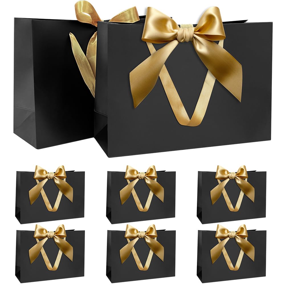 Geschenktüten Set, Schwarz Geschenktüte mit Schleife Geschenktüte mit Henkel 8 Stück 30x20x10cm Geschenktüten für Weihnachten Geburtstag Hochzeit