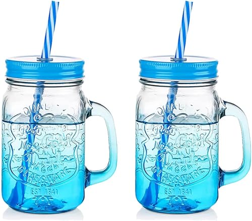 Zonostor Mason Jars - Juego de 2 vasos para beber, vasos Mason de 16 onzas con popote y tapa, taza de boca ancha con asa (2 unidades, azul)