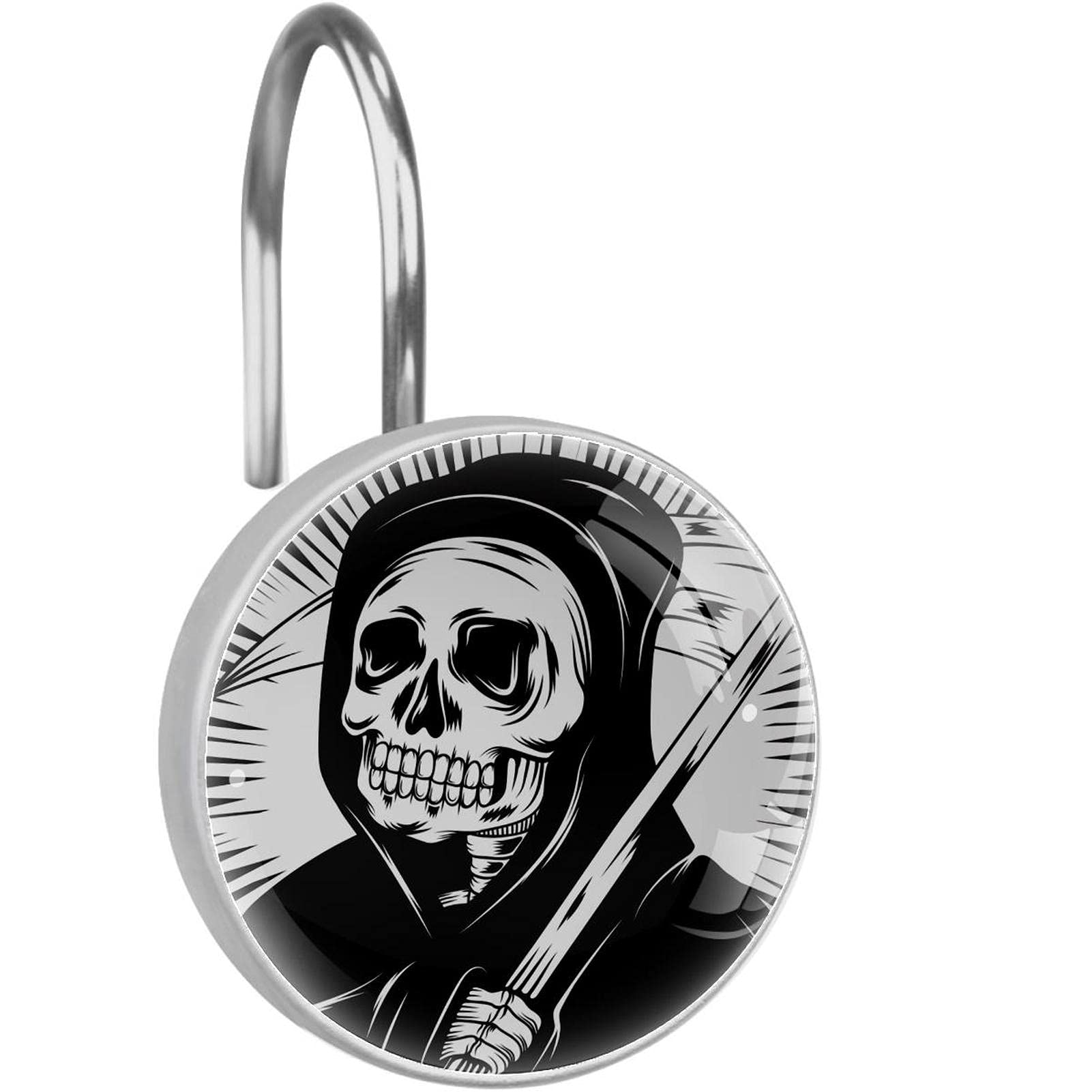 Crochets rideau de douche tête de mort Halloween en acier inoxydable noir et blanc - Lot de 12