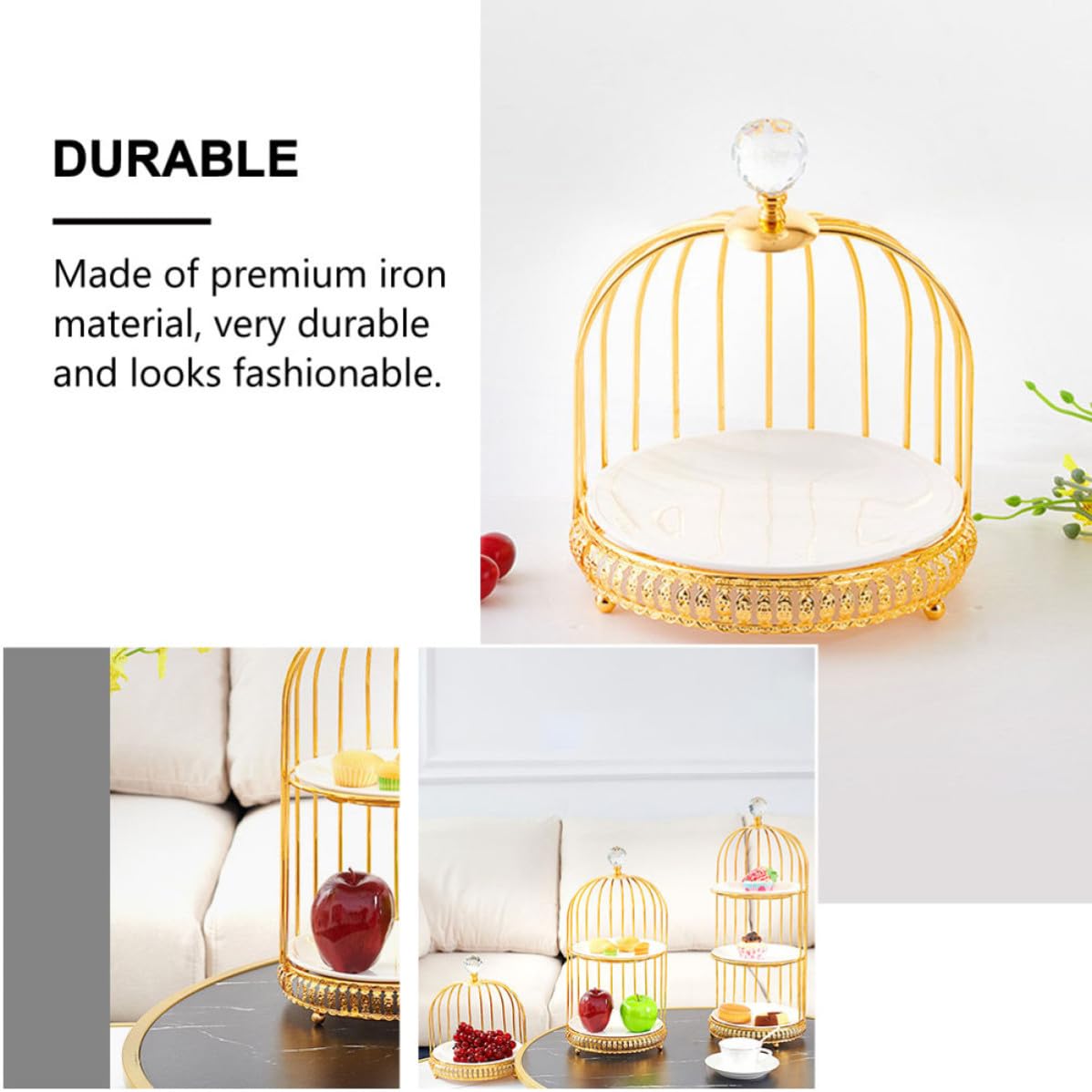 Scaffale per Dolci a Forma di Gabbia in Ferro e Ceramica Oro, Espositore per Dolci e Snack, Vassoio per Dessert per Feste di Compleanno e Party