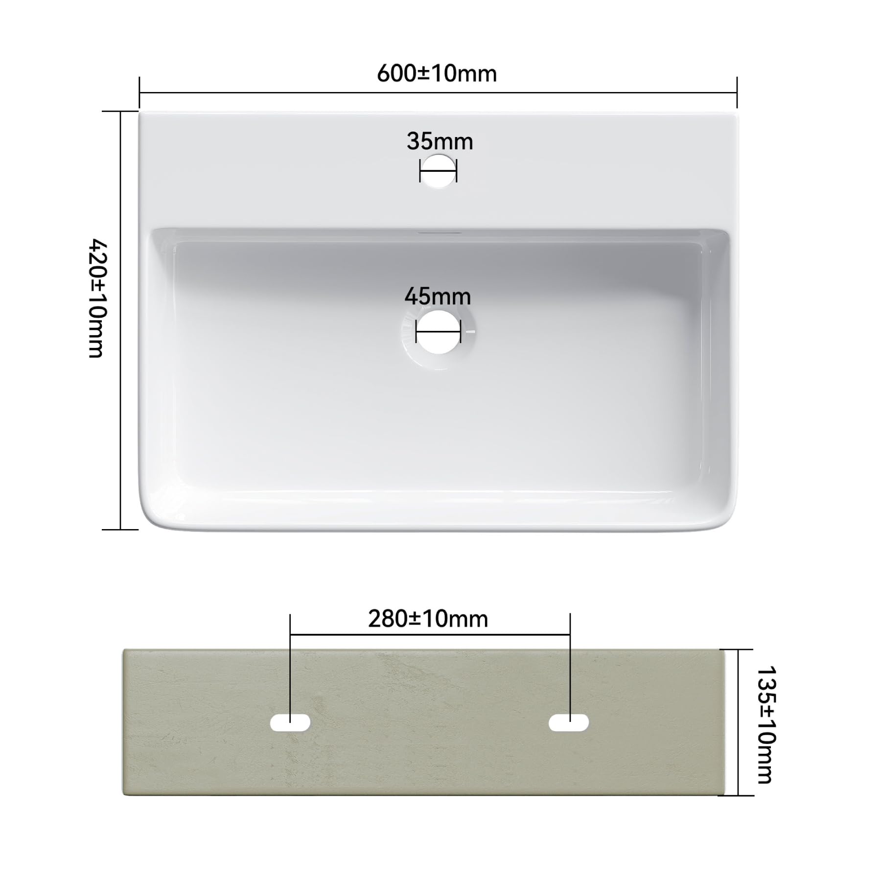 Lavabo de baño de 60 cm de ancho, lavabo superior con orificio para grifo y rebosadero, cuadrado, montado en la pared o en la pared, sin grifo