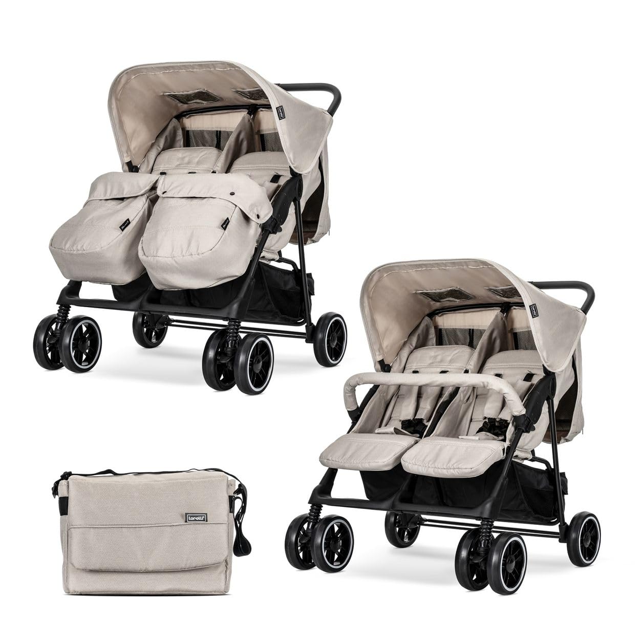 Lorelli Zwillingskinderwagen Twin Buggy klappbar für 2 Kinder, Kompakter Geschwisterwagen mit Einhand-Klappsystem, Beige