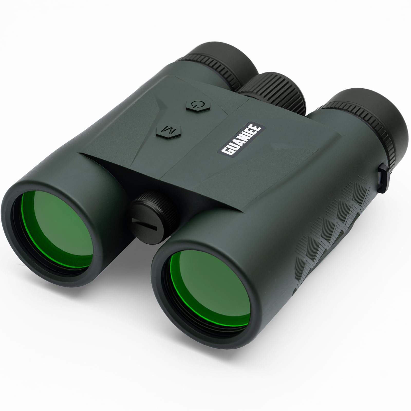 Labeled diagram of GUANIEE 10x42 Laser Rangefinder Binoculars showing Twist-up Eyecup, Center Focus, Ocular Lens, Reticle Focus, OnRange Button, Scan Button, Diopter Focus, Battery Cover, and Objective Lens.