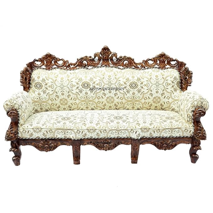 Image of Luxury Antique Sofa Set in a Classic Living Room Setting Solid Teak Wooden Five Seater Sofa Set with Cushion for Living Room | Honey Brown Finish | 208D x 76W x 119H cm (Design11)