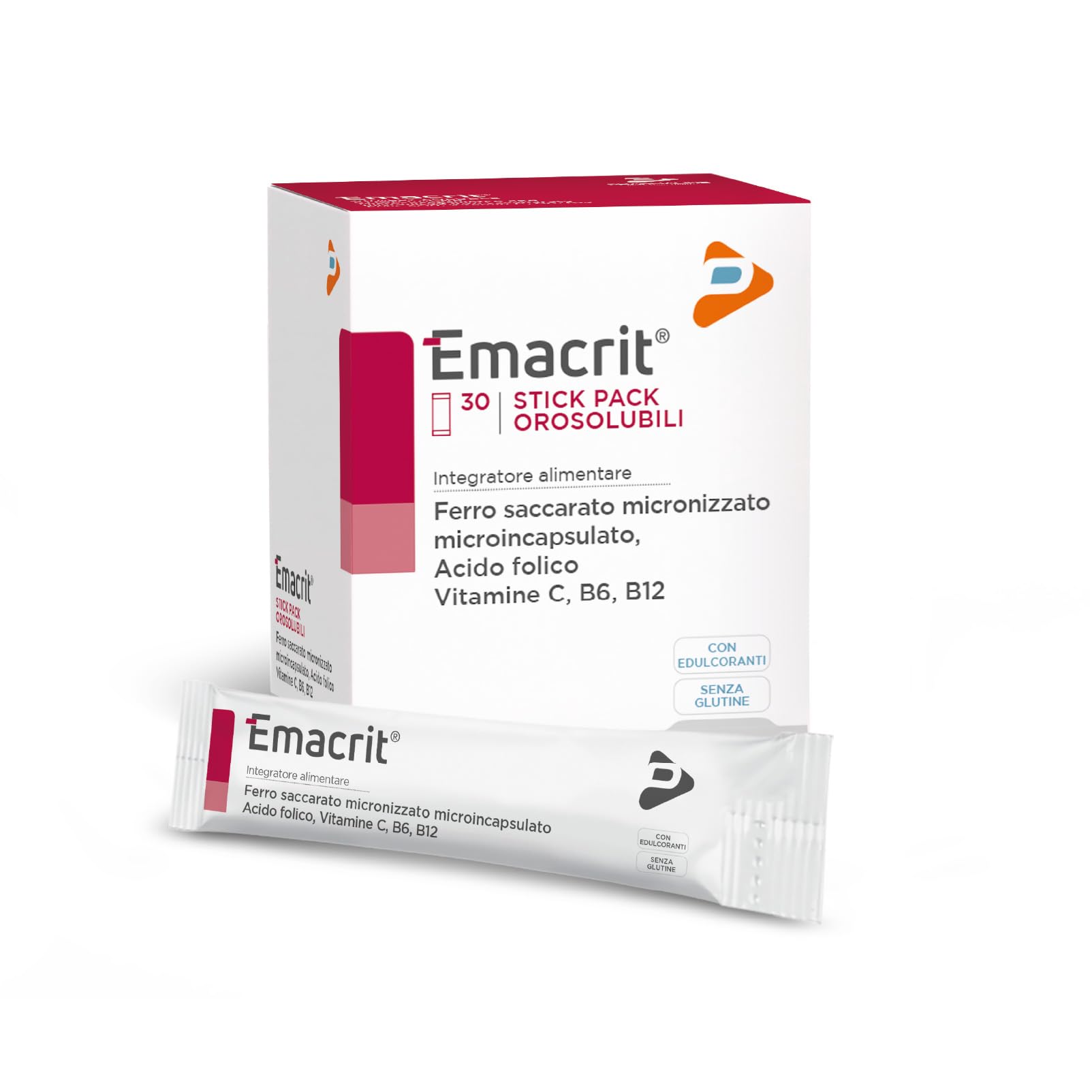 Pharma Line EMACRIT Stick – Integratore Alimentare di Ferro con Acido Folico, Vitamine C, B6 e B12 ad Alta Assimilabilità, 30 Stick Pack Orosolubili
