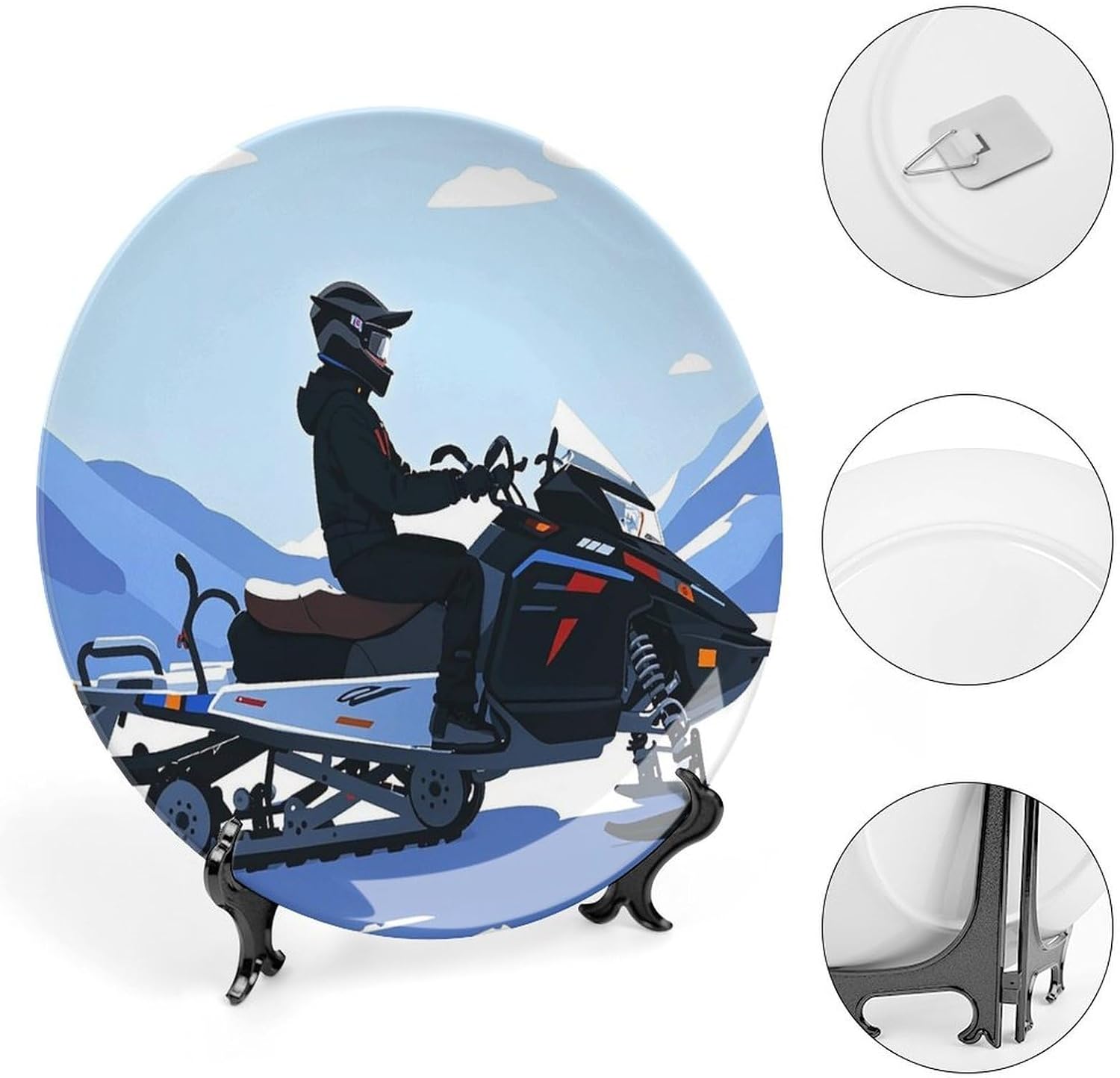 Snowmobile Decorative Ceramic Plate Round Porcelain Plate Decor Personalized Bone China Decorative Plates Ceramic Ornaments Dessert Plates with Display Stand 8inch