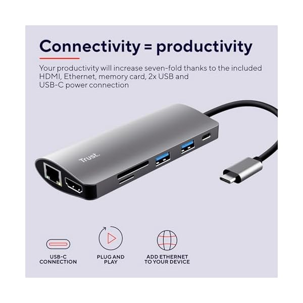 Trust Dalyx 7-in-1 USB-C Multi-Port Adapter, USB-C, 2 USB-A, HDMI, Ethernet, Micro SD, SD Card, HDR and HDMI 1.4 (4k 30Hz), USB-C Charge Port, MacBook, PC, Laptop, Chromebook - Image 3