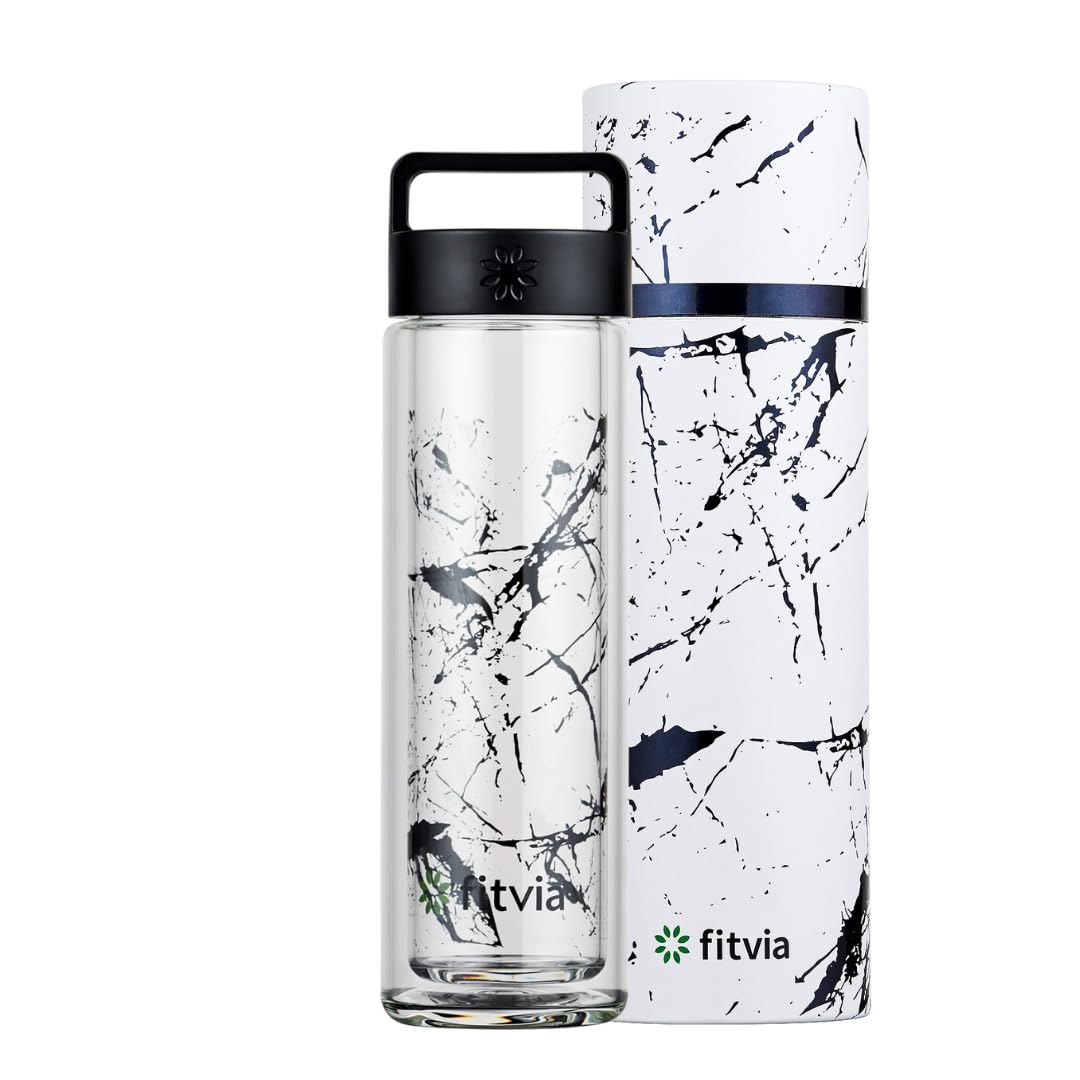 fitvia Thermoflasche Black Marble 380 ml – Doppelwandiger Thermobehälter mit Marmor-Design, integriertem Teesieb und Tragegriff, robuster Isolierbehälter als Trinkbecher mit Deckel