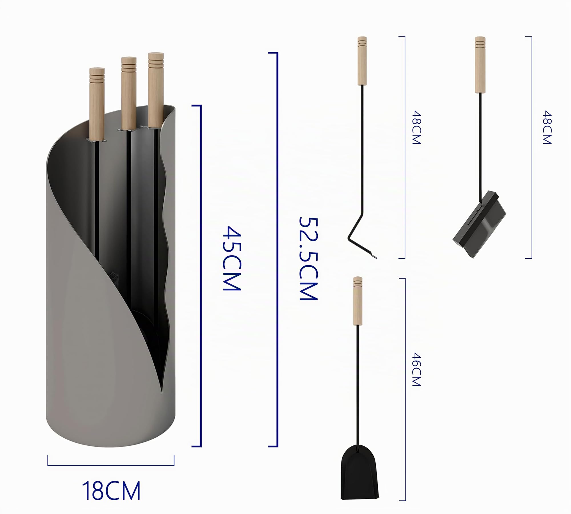 Kingson Set di accessori per camino, 3 pezzi, moderno set di attrezzi per caminetto, con spazzola, pala e attizzatoio, supporto rotondo da pavimento, altezza 52,5 cm, manico in legno