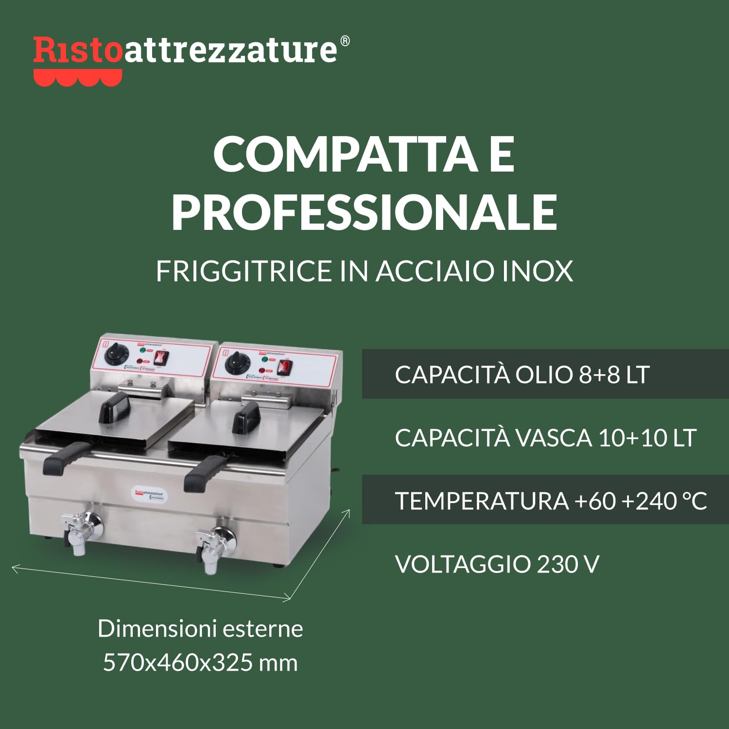 Ristoattrezzature Friggitrice Elettrica Professionale - Doppia Vasca - Con Rubinetto di Scarico - Acciaio Inox - Per Pub, Bar, Ristoranti - Da Banco - 10+10 Litri, Capacità Olio 6+6 Litri