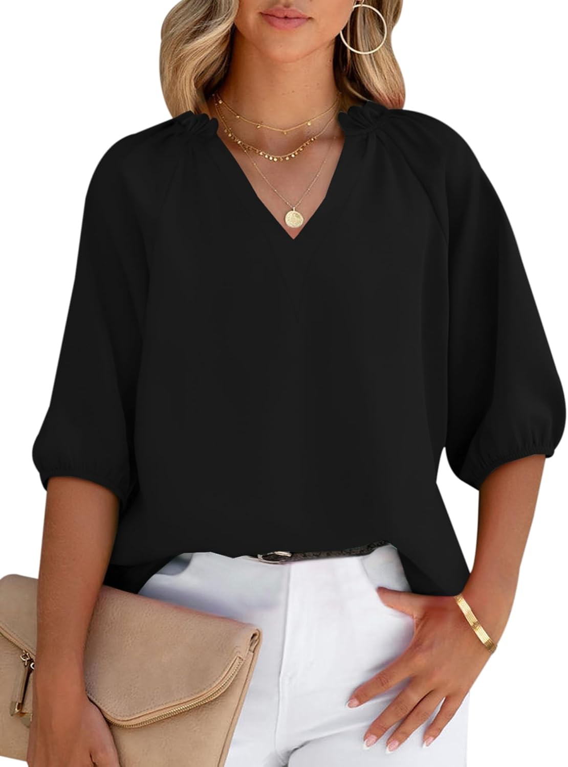 (Size L) AIMCOO Women's Trimmed V Neck Puff Short Sleeve Summer Tops Elegant Business Casual Dressy Blouses Shirts Black Large