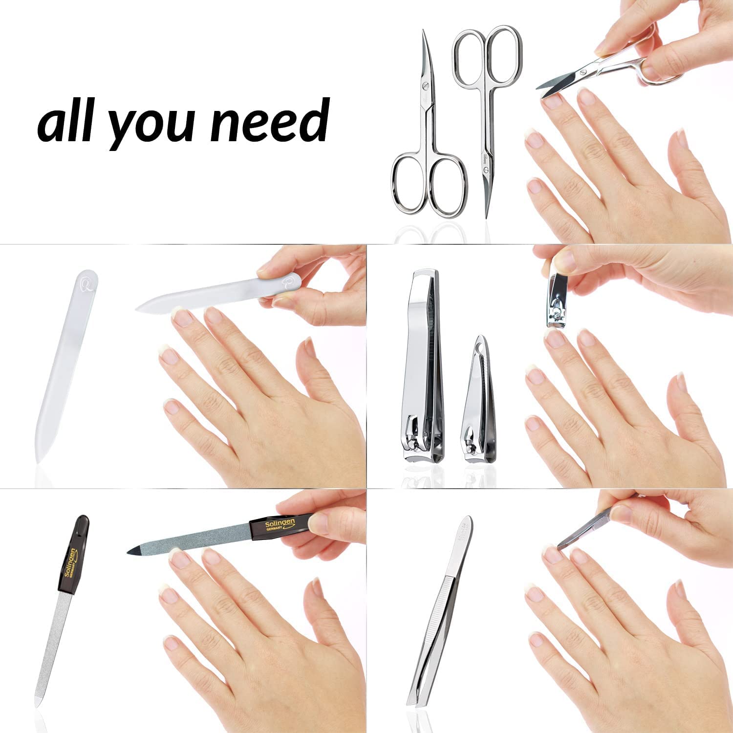 marQus - Set manicura con 7 piezas fabricado en Alemania, con lima de cristal patentada - Set para hombre y mujer, para el cuidado de pies y manos, estuche de cuero auténtico