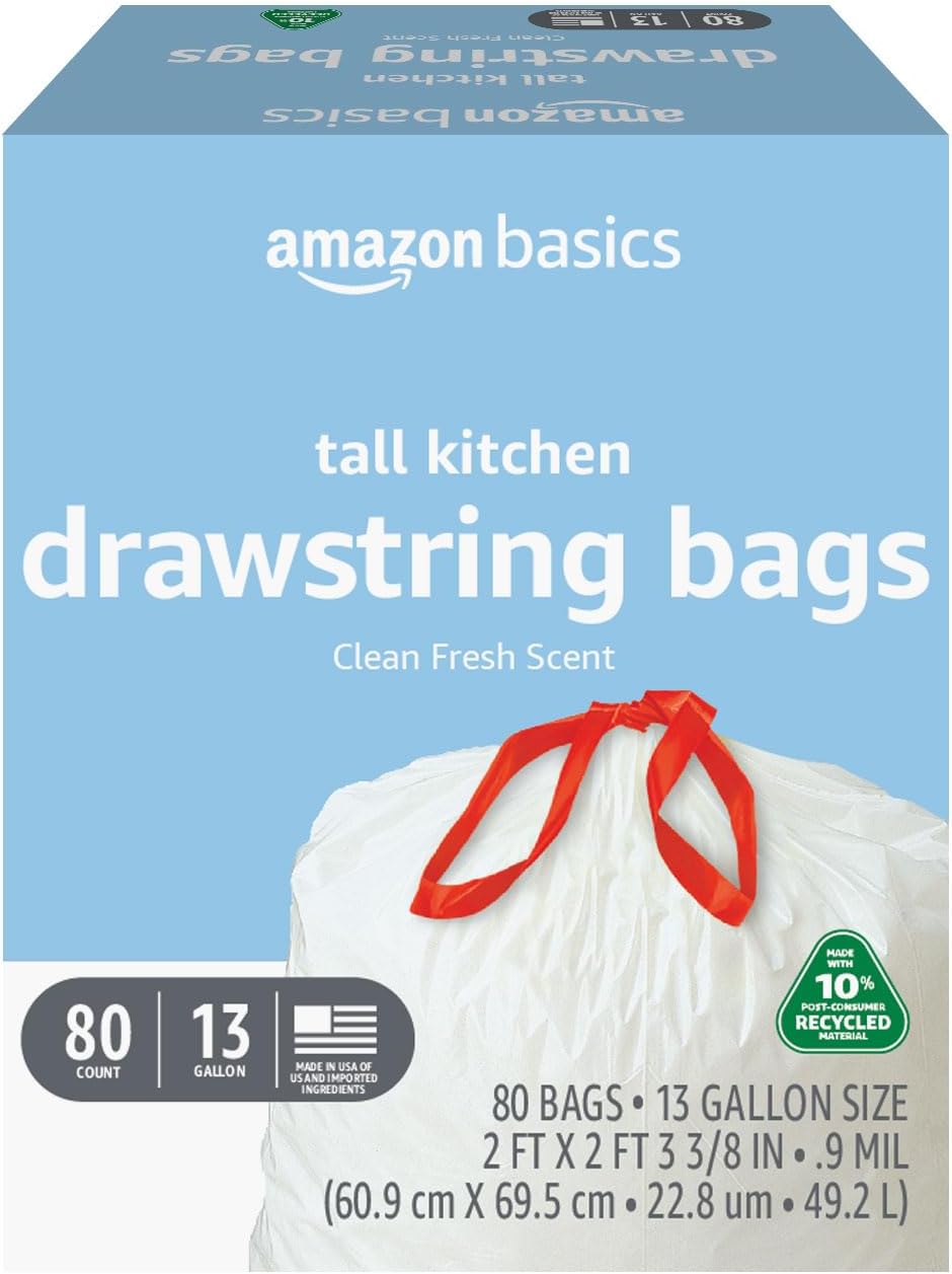 Amazon Basics 13 Gallon Tall Kitchen Drawstring Trash Bags