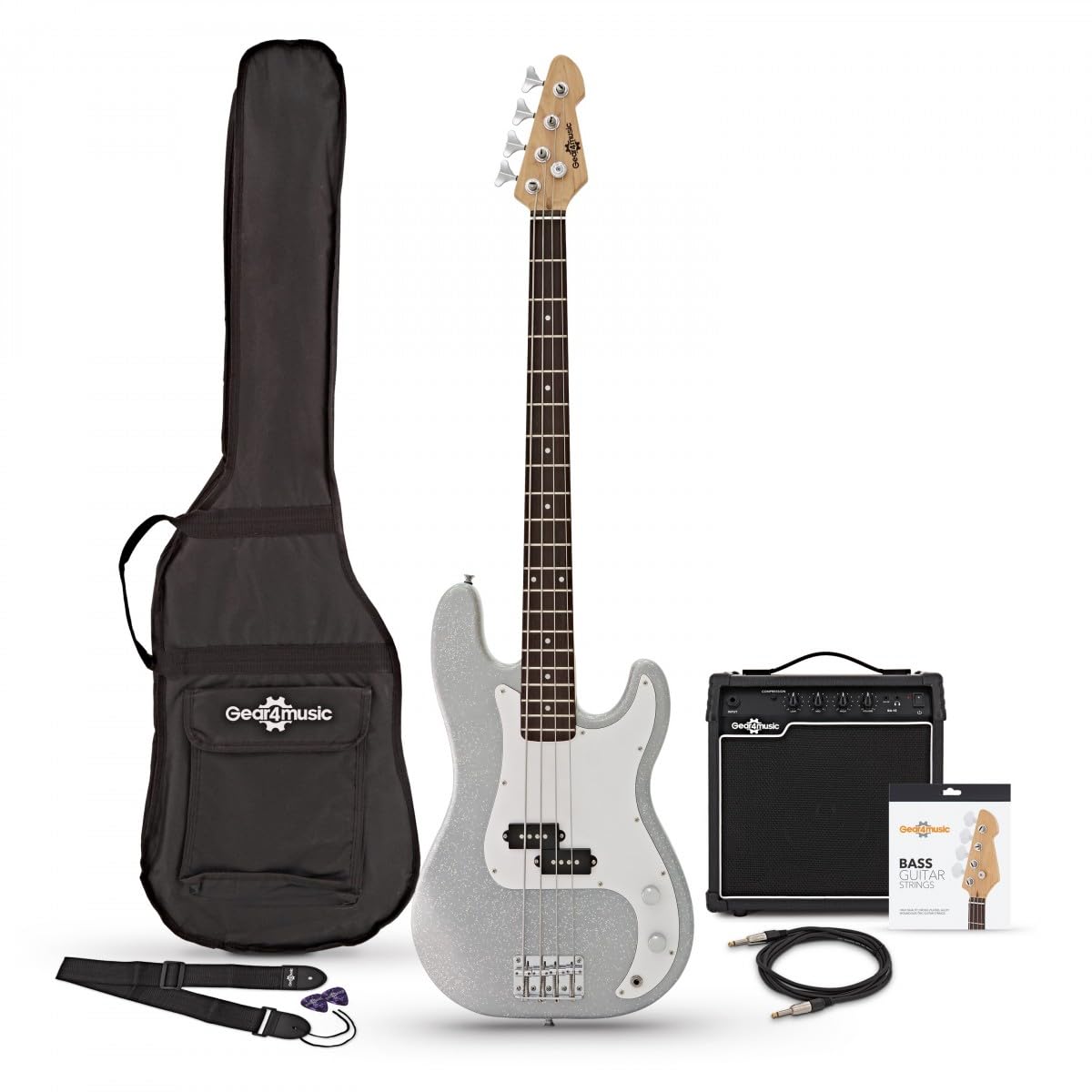LA Bassgitarre + 15W Verstärker-Paket, Silver Flake | Perfekter Bass für Jüngere Anfänger, Klarer Druckvoller Ton, Leichte Hölzer, 15W-Verstärker und Zubehör Inklusive
