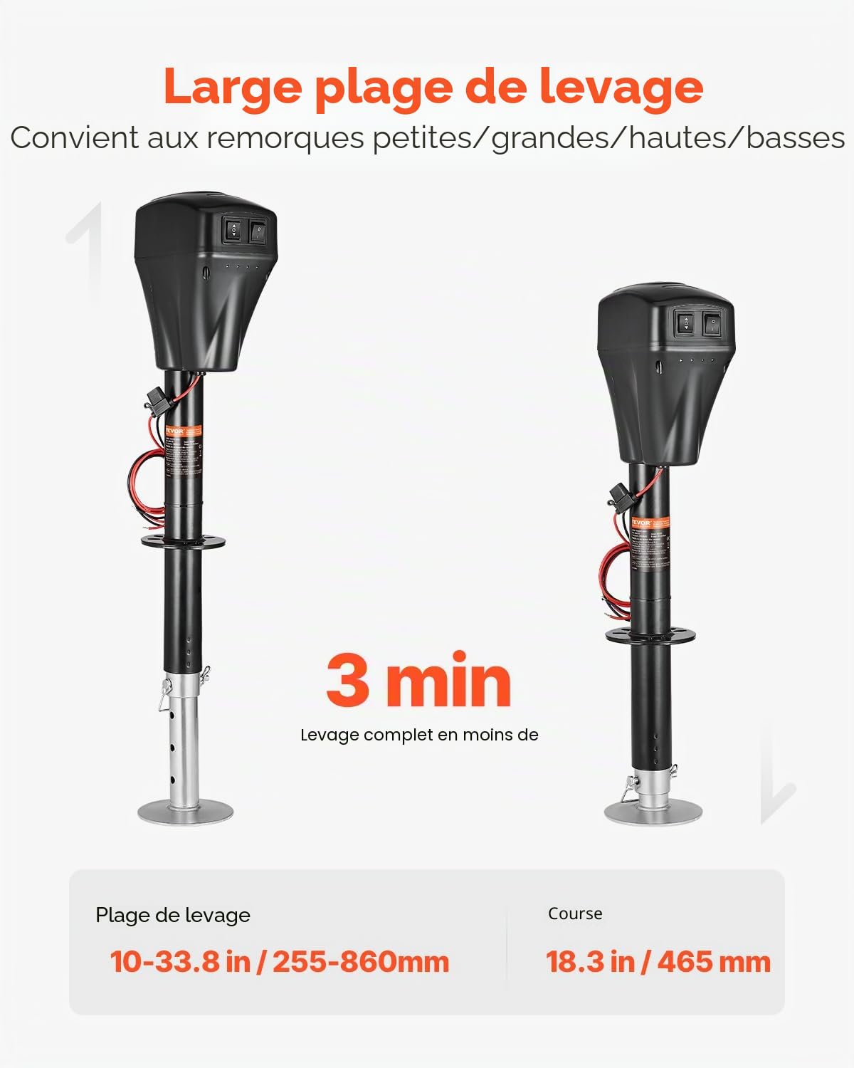 VEVOR Cric de Remorque Électrique, 2267 kg, Cric de Camping-Car Robuste avec Connecteur à 2 Voies, Manivelle, LED, Plage de Levage 255-860 mm, Résistant aux Intempéries, pour Remorques Camping-Cars