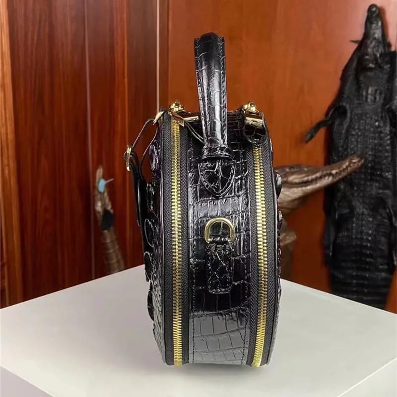 Exotic Genuine Alligator Leather Lady Round Purse Authentic Real Crocodile Skin Women Small Handbag Female Single Shoulder Bag, Black4