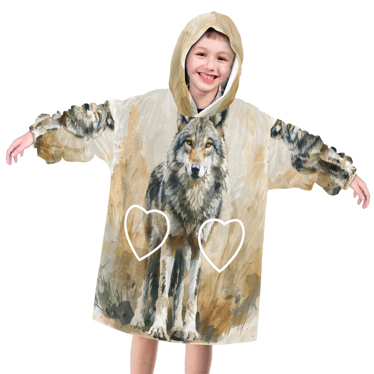 Pardick Wearable Blanket Hoodie for Kids, Watercolor Wolves Fleece Sweatshirt Blanket Oversized Blanket Sweatshirt with Pocket Flannel Warm Hooded Blanket 6-10 Year Old Girl Boy Gift, One Size