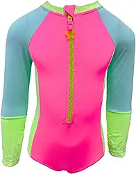 Pellin Maiô Infantil Unissex com Proteção UV50+, Zíper Frontal, Poliamida e Elastano, Body Juvenil, Listras Onduladas, Rosa e Azul