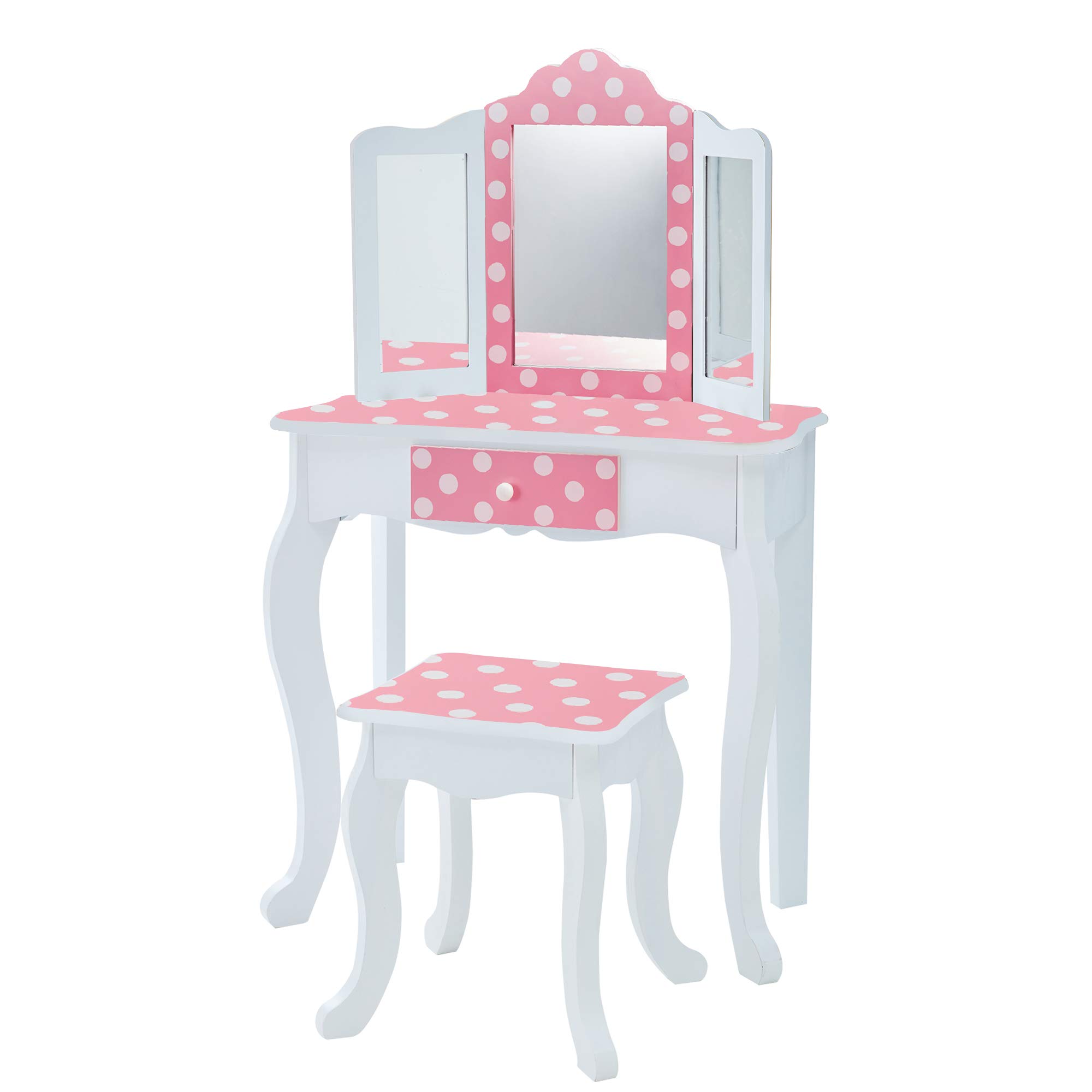 teamson kids princess gisele polka dot print 2-piece kids wooden play vanity set with vanity table tri-fold mirror storage drawer and matching stool white with whitepink polka dot accent