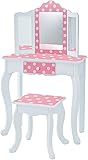 Teamson Kids Princess Gisele Polka Dot Print 2-Piece Kids Wooden Play Vanity Set with Vanity Table, Tri-Fold Mirror, Storage Drawer, and Matching Stool, White with White/Pink Polka Dot Accent Without Lights Pink / White
