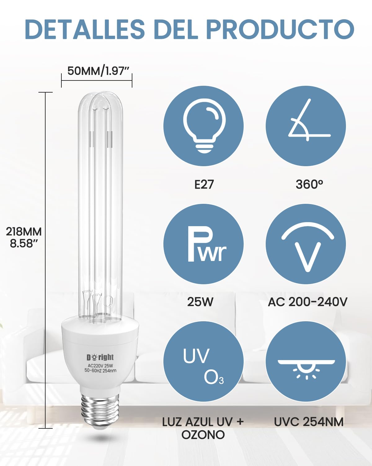 DoRight 2 unidad Lampara UV Desinfeccion 25W E27 Lampara UVC Ozono (UVC 254nm +O?) Blu-Ray con Tubo de Cuarzo UV Germicida Esterilizador AC 220-240V para Hogar, Escuela, Oficina