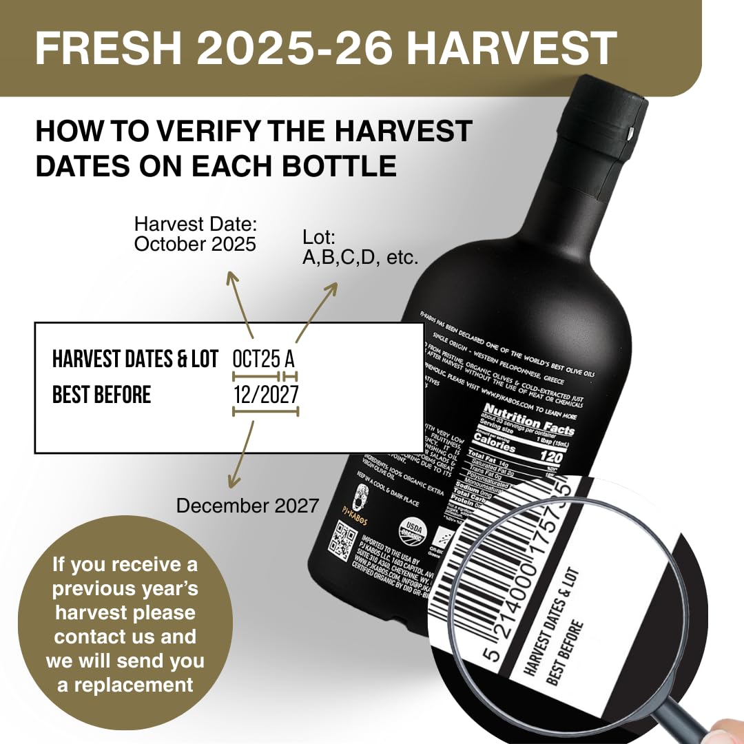 PJ KABOS Very High Phenolic (699 mg/kg), USDA Organic Greek Extra Virgin Olive Oil, Kosher, Greece, Cold Extracted, 16.9oz Bottle, Family Reserve Organic - Robust