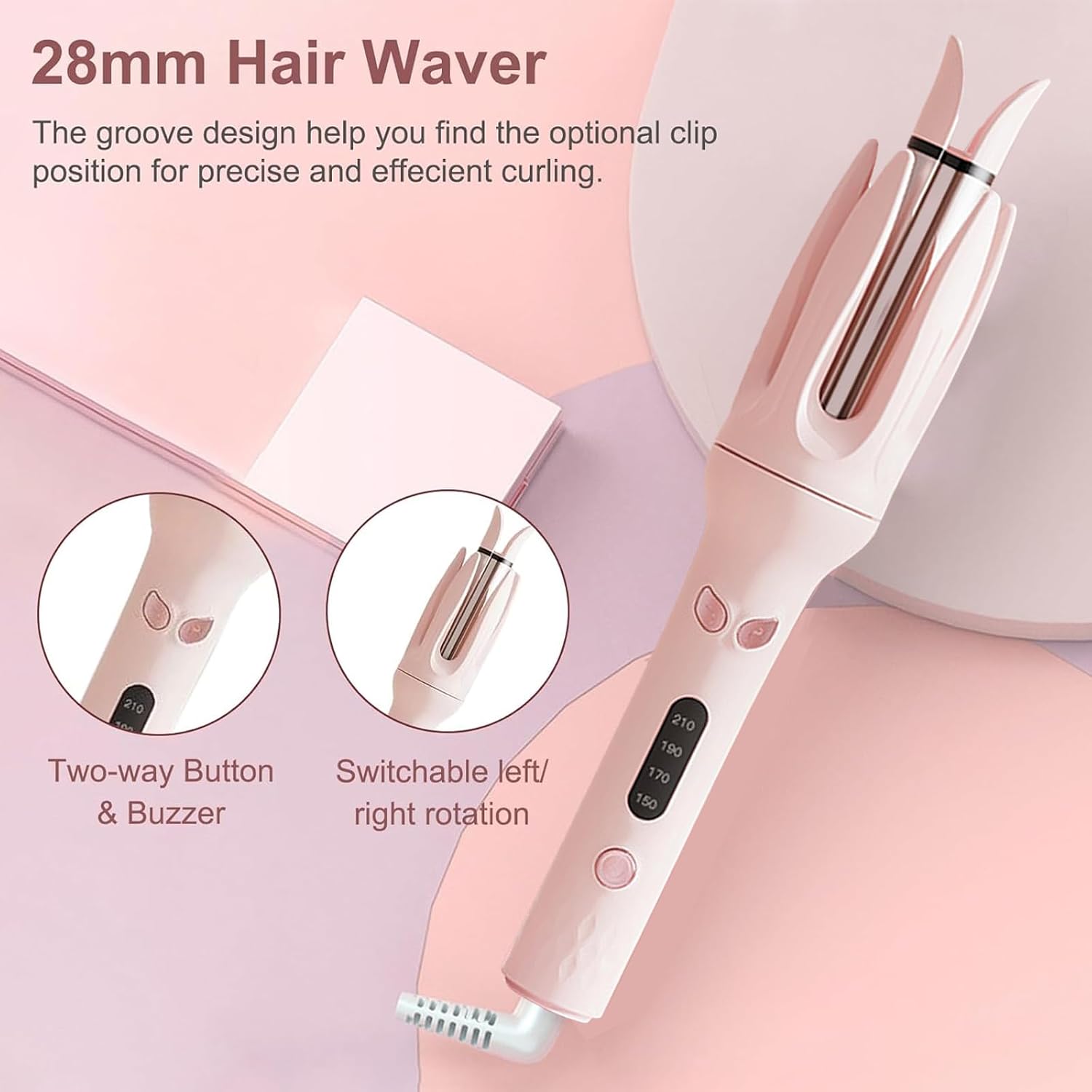 Auto Hair Curler, Automatic Curling Iron with 4 Temperature, 28mm Barrel Rotating Curling Wand Automatic Shut-Off Anti-Scald Fast Heating Hair Styling Tool